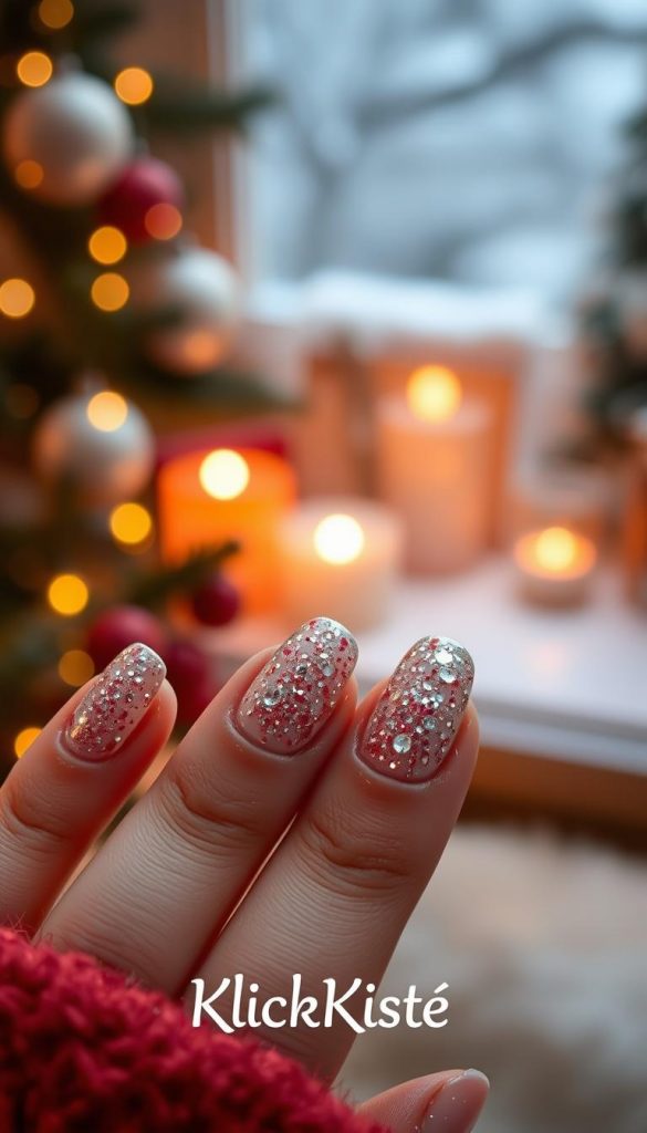 An elegant winter nail design showcasing a "glitzer look" with a clean and sophisticated shine. The foreground features intricately manicured nails adorned with subtle, refined glitter that reflects light without being overwhelming. In the middle ground, a soft, blurred background reveals a cozy winter setting with warm colors, evoking a Pinterest-inspired aesthetic. The scene is illuminated with gentle, natural lighting to enhance the warmth and authenticity, casting a soothing glow on the nails. The overall mood is festive yet understated, perfect for winter celebrations. Include the brand name "KlickKiste" subtly integrated into the scene, ensuring a touch of elegance in the presentation.