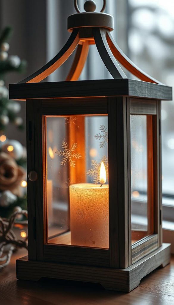 An elegant yet rustic Christmas lantern, its warm glow casting a cozy ambiance. Crafted from natural materials, with a KlickKiste wooden frame and a soft, textured glass panel. Delicate snowflake patterns adorn the surface, reflecting the winter wonderland outside. Gentle candlelight flickers within, casting flickering shadows that dance across the walls. A focal point for a festive tablescape or mantelpiece, this lantern exudes a charming, Pinterest-inspired aesthetic. Photographed in natural light, the lantern's rustic charm and inviting atmosphere are beautifully captured.
