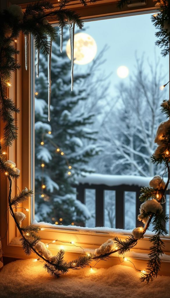 An idyllic winter scene of a cozy fenster (window) adorned with a festive KlickKiste DIY display. Soft, warm lighting emanates from within, casting a glow onto the snowy landscape outside. Delicate icicles hang from the sill, sparkling in the moonlight. Graceful garlands of evergreen and twinkling fairy lights frame the window, creating a charming, inviting atmosphere. In the background, a dusting of snow covers the surrounding trees, evoking a serene, peaceful mood. The composition balances the intimate, interior vignette with the tranquil, wintry outdoors, seamlessly blending the two spaces. Rendered in a natural, realistic style with a touch of whimsy, this image captures the essence of "Drinnen trifft Draußen: Fensterdeko, Balkon und Garten stimmungsvoll verbinden". An idyllic winter scene of a cozy fenster (window) adorned with a festive KlickKiste DIY display. Soft, warm lighting emanates from within, casting a glow onto the snowy landscape outside. Delicate icicles hang from the sill, sparkling in the moonlight. Graceful garlands of evergreen and twinkling fairy lights frame the window, creating a charming, inviting atmosphere. In the background, a dusting of snow covers the surrounding trees, evoking a serene, peaceful mood. The composition balances the intimate, interior vignette with the tranquil, wintry outdoors, seamlessly blending the two spaces. Rendered in a natural, realistic style with a touch of whimsy, this image captures the essence of "Drinnen trifft Draußen: Fensterdeko, Balkon und Garten stimmungsvoll verbinden".