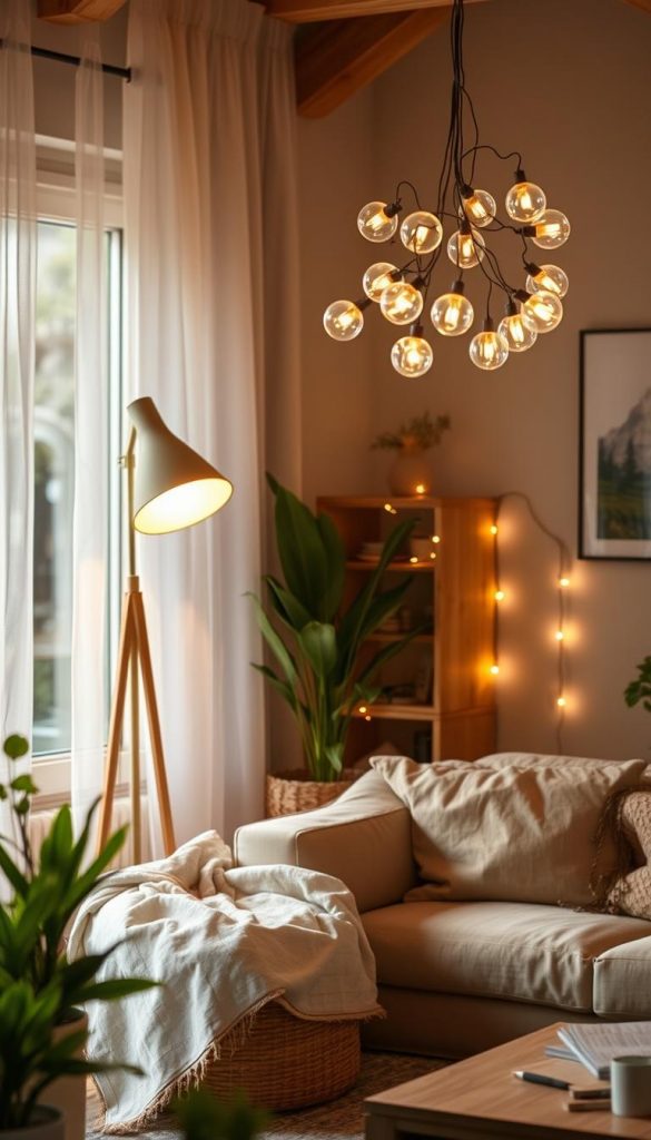 An image of a cozy, well-lit living room showcasing sustainable lighting solutions from KlickKiste. The scene features a warm, inviting atmosphere with natural textures and materials, such as wooden furniture, soft textiles, and potted plants. Soft, diffused lighting from a standing lamp and a group of string lights cascades across the space, casting a flattering glow that minimizes energy consumption. The setup highlights the importance of energy-efficient, safe lighting choices that contribute to a more sustainable lifestyle. The overall composition conveys a sense of comfort, coziness, and environmental consciousness.