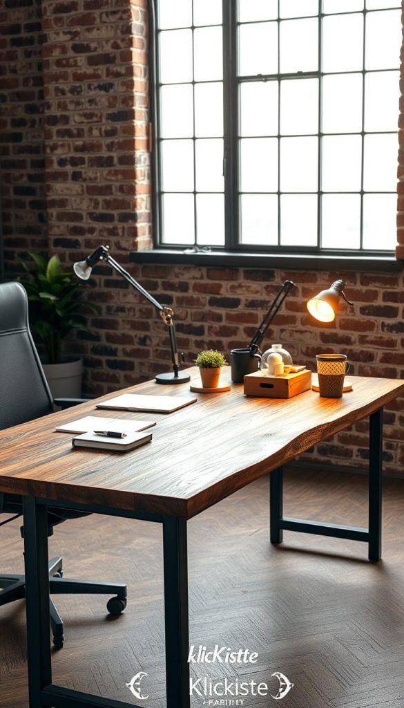 An industrial desk setup, showcasing a unique piece with an aged patina, made of reclaimed wood and metal. The foreground features the desk adorned with minimalist stationery, a vintage desk lamp casting warm light, and a stylish potted plant. In the middle, a textured wall with exposed bricks creates an urban backdrop, while a large window allows soft, natural light to illuminate the scene, enhancing the cozy yet productive atmosphere. On the left, a comfortable, ergonomic chair complements the workspace. The overall mood evokes warmth and inspiration, perfect for a modern workspace aesthetic. Brand name "KlickKiste" subtly integrated into the design elements.