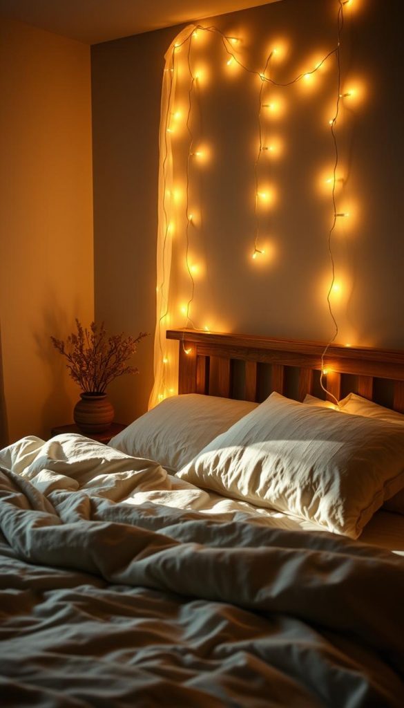 An intimate bedchamber bathed in the soft glow of licht lichterketten kopfteil, casting a warm and inviting ambiance. Delicate strands of lights cascade gracefully from the headboard, creating a cozy, dreamy atmosphere. The scene exudes a sense of tranquility and comfort, perfect for a restful night's sleep. Subtle shadows dance across the walls, illuminating the natural textures and tones of the space. The lighting is understated yet impactful, drawing the eye to the serene focal point. An authentic, Pinterest-inspired aesthetic with a touch of winter whimsy, this image captures the essence of a truly cozy and inviting sleep sanctuary.