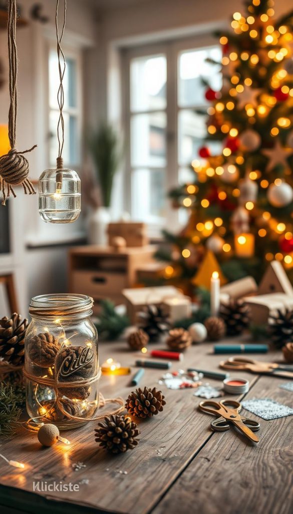 An inviting and cozy scene featuring beautifully crafted upcycled Christmas decorations, showcasing warm colors and natural materials. In the foreground, display unique ornaments made from recycled glass jars, twine, and pinecones adorned with twinkling fairy lights. The middle ground reveals a rustic wooden table covered with festive DIY materials like painted cardboard, scissors, and glitter. In the background, a softly lit room enhances the winter vibes, with a tree decorated with handmade ornaments and a warm glow emanating from the windows. The mood is cheerful and inspiring, encouraging creativity for the holidays. Shot with a shallow depth of field to emphasize the details, using soft, warm lighting to create a festive atmosphere. The brand "KlickKiste" subtly integrates into the design through tasteful decoration examples.