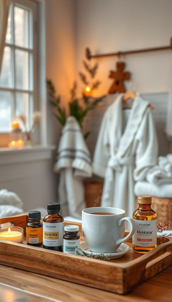 An inviting at-home spa scene during winter, exuding warmth and tranquility. In the foreground, a wooden tray features soothing candles, essential oils, and a beautifully arranged set of natural skincare products by "KlickKiste". The middle layer displays a plush white bathrobe hanging beside a steaming herbal tea cup, creating a cozy ambiance. In the background, a softly lit bathroom with frosted windows reveals aromatic plants and fluffy towels. The warm, golden lighting enhances the scene, while soft textures provide a feeling of comfort. The atmosphere is peaceful and rejuvenating, perfect for winter relaxation and self-care. The overall color palette consists of warm tones, embodying a Pinterest-inspired aesthetic.