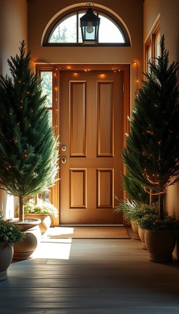 An inviting entryway with a natural, cozy ambiance. A classic wooden door flanked by lush potted evergreens adorned with a festive string of warm, twinkling lights. Sunlight filters through a large window, casting a soft glow on the scene. The smooth, textured walls in earthy tones create a welcoming atmosphere. Underfoot, a natural stone or wood-look path leads the way, free of any obstacles for a family-friendly feel. The overall mood is Pinterest-inspired, with a touch of rustic charm. Captured with a wide-angle lens to showcase the harmonious KlickKiste setup.