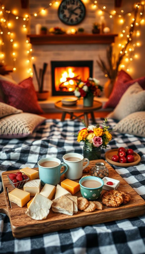 An inviting indoor picnic scene set in a cozy living room, decorated with soft, warm fairy lights and plush pillows scattered on a large checkered blanket. The foreground features a beautifully arranged picnic spread with an array of artisanal cheeses, fresh fruits, and homemade pastries elegantly placed on a rustic wooden tray. In the middle ground, a small table holds a steaming pot of hot cocoa with colorful mugs and a bouquet of seasonal flowers, enhancing the winter vibes. The background reveals a softly lit fireplace, its warm glow adding to the ambiance. Captured with a soft-focus lens to create a dreamy atmosphere, the image embodies a Pinterest aesthetic, evoking feelings of intimacy and comfort. The overall mood is romantic and inviting, perfect for a winter date night at home, inspired by KlickKiste.