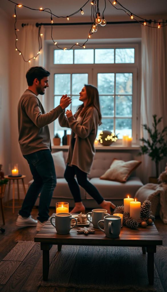 An inviting indoor scene for a "dance night date night" showcasing a cozy winter vibe. In the foreground, a couple in modest casual clothing dances joyfully; they share an intimate moment, surrounded by twinkling fairy lights hanging overhead. The couple is positioned slightly off-center, with warm, glowing candles illuminating their faces. In the middle ground, a small coffee table is adorned with hot chocolate mugs and winter-themed decorations. The background features a softly lit window with snowflakes gently falling outside, enhancing the winter atmosphere. Soft, warm colors create a welcoming ambiance, while a rustic wooden floor adds a natural touch. This image captures the joy of movement and energy, perfectly embodying the essence of a winter date night at home. Inspired by KlickKiste's style, the scene is authentically cozy and visually inviting.
