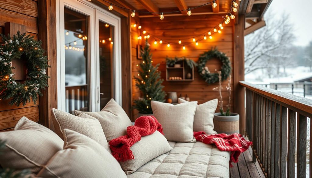 An inviting outdoor scene on a cozy winter balcony, adorned with a warm and festive KlickKiste lichterkette. Soft, natural light radiates from the delicate string of LED bulbs, creating a serene and intimate ambiance. The balcony is furnished with rustic wooden accents, plush beige cushions, and a touch of crimson red in the form of a cozy throw blanket. The background features a tranquil winter landscape, with subtle snowfall drifting in the air. The overall composition evokes a sense of hygge, blending the coziness of the interior with the beauty of the outdoor elements.