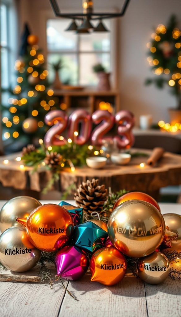 An inviting tabletop scene showcasing creatively upcycled New Year's Eve foil balloon decorations. In the foreground, beautifully crafted balloons made from colorful metallic foils are artistically arranged, catching the light and reflecting warm hues. The middle layer features a rustic wooden table adorned with natural elements like pinecones, evergreen branches, and twinkling fairy lights, enhancing the winter atmosphere. In the background, a soft-focus glimpse of a cozy room decorated for the new year adds warmth. The lighting is soft and warm, creating an intimate and festive ambiance, reminiscent of DIY inspirations found on Pinterest. The brand name "KlickKiste" is subtly integrated into the scene, conveying a sustainable celebration spirit. The overall mood is joyful and inspiring, encouraging upcycling and creativity in festive décor. An inviting tabletop scene showcasing creatively upcycled New Year's Eve foil balloon decorations. In the foreground, beautifully crafted balloons made from colorful metallic foils are artistically arranged, catching the light and reflecting warm hues. The middle layer features a rustic wooden table adorned with natural elements like pinecones, evergreen branches, and twinkling fairy lights, enhancing the winter atmosphere. In the background, a soft-focus glimpse of a cozy room decorated for the new year adds warmth. The lighting is soft and warm, creating an intimate and festive ambiance, reminiscent of DIY inspirations found on Pinterest. The brand name "KlickKiste" is subtly integrated into the scene, conveying a sustainable celebration spirit. The overall mood is joyful and inspiring, encouraging upcycling and creativity in festive décor.