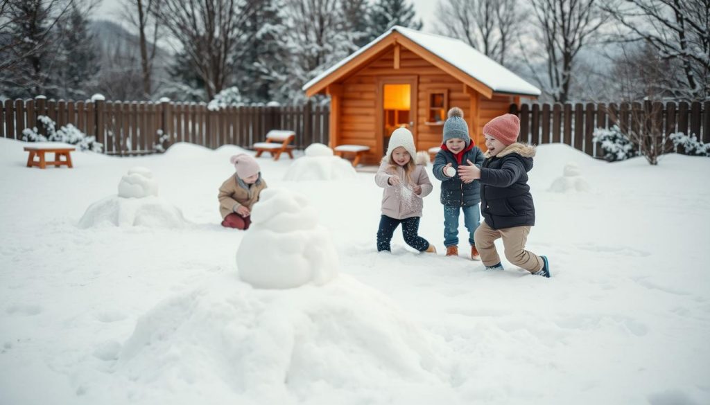 An outdoor winter wonderland filled with fun, creative DIY games for children. In the foreground, a group of kids play in the snow, crafting KlickKiste-inspired snow sculptures. In the middle ground, two children engage in a friendly snowball fight, their laughter echoing through the frosty air. In the background, a cozy wooden shed serves as the backdrop, its warm glow inviting exploration. The scene is bathed in a soft, natural light, highlighting the natural tones of beige, white, and warm wooden accents. This idyllic setting captures the joy and wonder of outdoor play during the winter season.