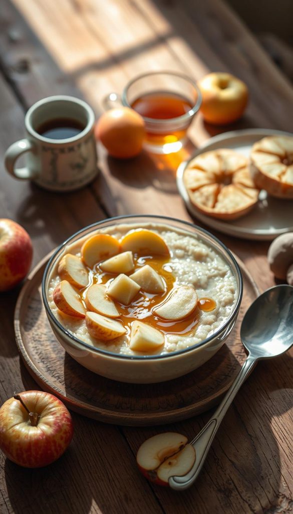 Apfel-Zimt-Porridge: Dampfender Haferbrei in natürlichen Farben mit Apfelstücken, Zimt und Ahornsirup. Gemütliches Arrangement auf rustikalem Holztisch. Warmes Licht von oben, Schatten und Strukturen geben Tiefe. Im Hintergrund eine Tasse Tee und weitere Porridge-Zutaten. Authentische DIY-Optik, Pinterest-inspirierter Look. KlickKiste