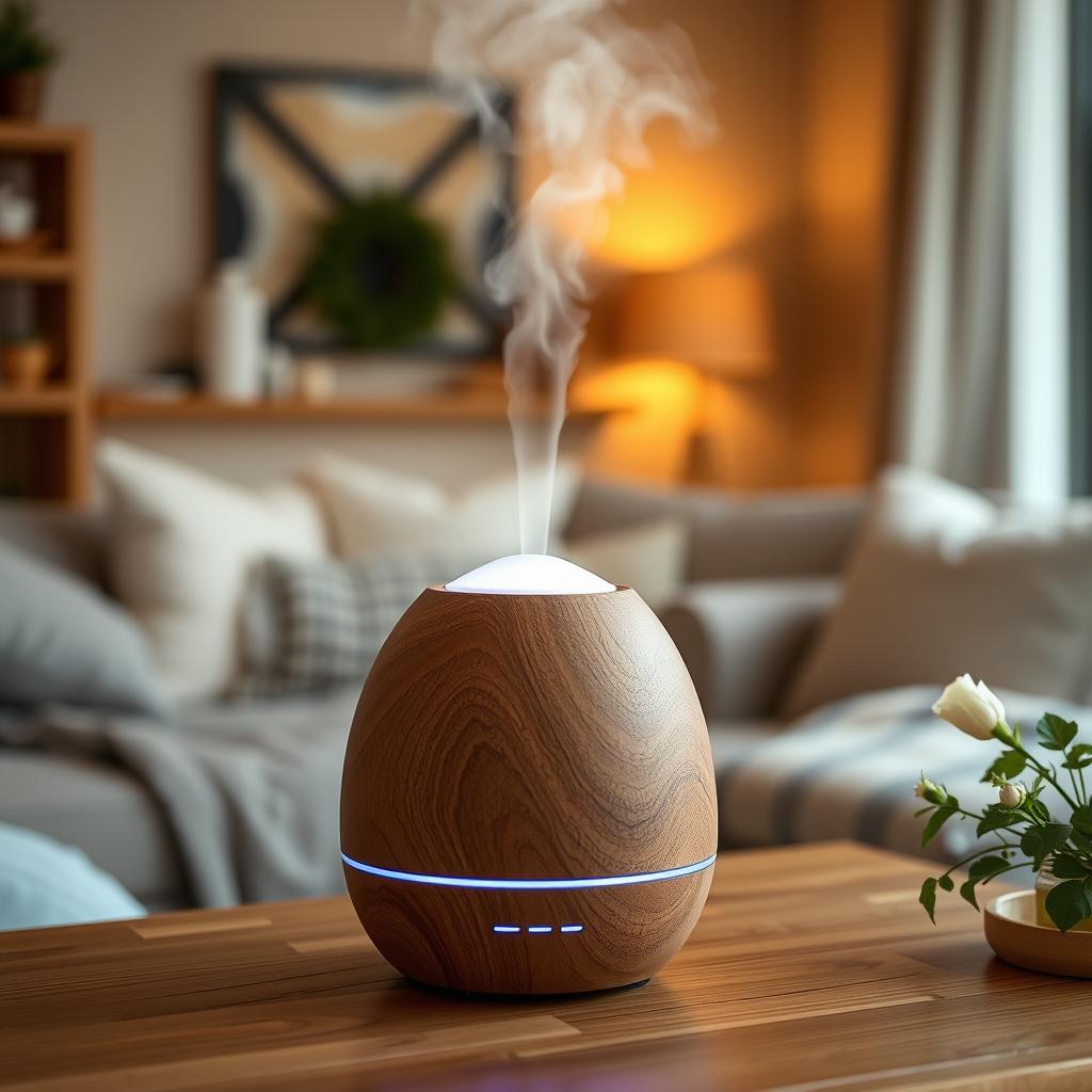 Aromatherapie-Diffusor mit Holzdesign und sanftem LED-Licht, der feinen Nebel in einem gemütlichen Wohnzimmer verströmt