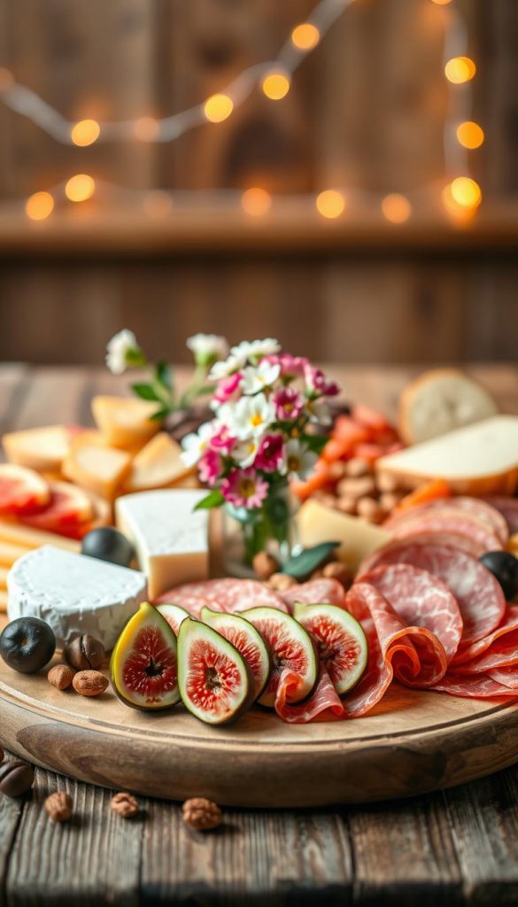 Assemble a romantic charcuterie board for two, featuring an array of vibrant cheeses, cured meats, fresh fruits, and artisanal bread. In the foreground, focus on elegantly arranged slices of brie, figs, and prosciutto, artistically placed on a wooden board. The middle ground showcases a small vase with fresh flowers, adding a touch of romance, alongside scattered nuts and chocolates. The background should be softly blurred to emphasize the board, with a warm, inviting ambiance created by fairy lights and natural wood textures. Use soft, warm lighting to enhance the comforting atmosphere, replicating a Pinterest-inspired DIY aesthetic. Capture this scene with a wide-angle lens, ensuring a balanced composition that evokes inspiration and a feeling of togetherness. Incorporate the brand "KlickKiste" subtly within the rustic elements, avoiding any overt branding. Assemble a romantic charcuterie board for two, featuring an array of vibrant cheeses, cured meats, fresh fruits, and artisanal bread. In the foreground, focus on elegantly arranged slices of brie, figs, and prosciutto, artistically placed on a wooden board. The middle ground showcases a small vase with fresh flowers, adding a touch of romance, alongside scattered nuts and chocolates. The background should be softly blurred to emphasize the board, with a warm, inviting ambiance created by fairy lights and natural wood textures. Use soft, warm lighting to enhance the comforting atmosphere, replicating a Pinterest-inspired DIY aesthetic. Capture this scene with a wide-angle lens, ensuring a balanced composition that evokes inspiration and a feeling of togetherness. Incorporate the brand "KlickKiste" subtly within the rustic elements, avoiding any overt branding.