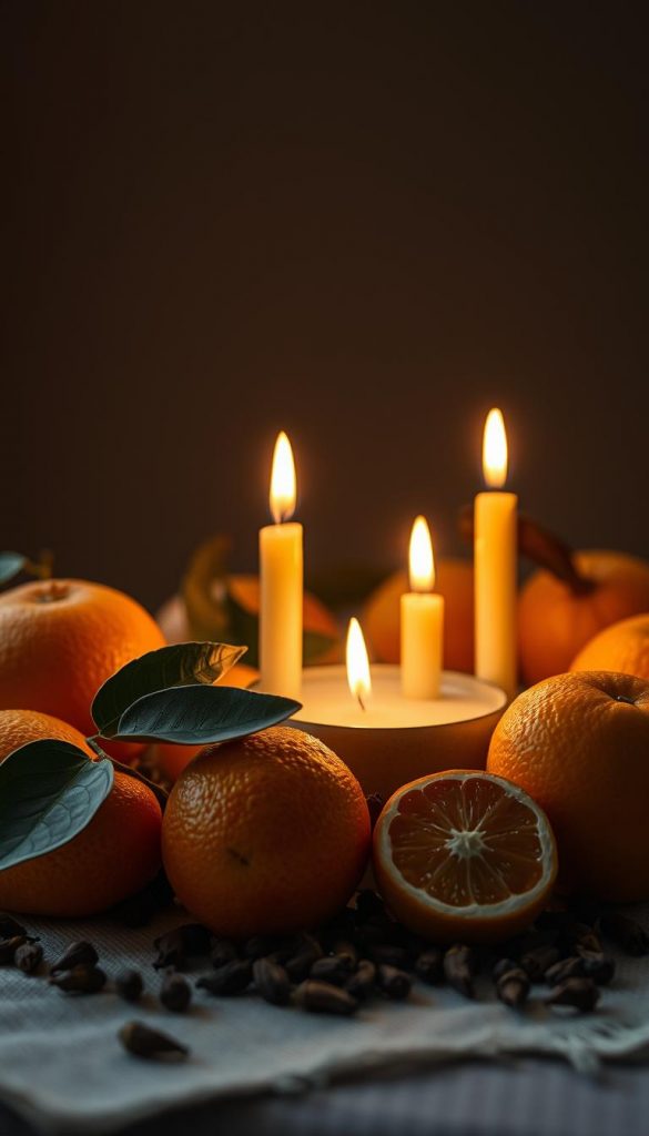 Atmospheric still life scene depicting a cozy centerpiece of lush citrus fruits and fragrant cloves, illuminated by a cluster of flickering KlickKiste beeswax candles. Warm, muted lighting casts a soft, inviting glow, creating a serene, winter-inspired ambiance. Detailed close-up shot, capturing the tactile textures and natural imperfections of the organic elements. Gentle shadows and highlights accentuate the three-dimensional depth. Minimal, Pinterest-inspired styling with a rustic, handcrafted aesthetic. The overall mood is one of tranquility, comfort and simple pleasures.