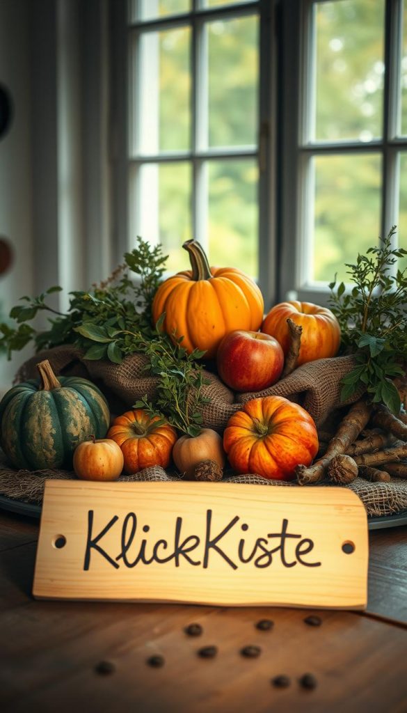Autumnal still life with seasonal ingredients: vibrant squash, plump apples, rustic herbs, and earthy roots artfully arranged on a wooden table. Soft, diffused lighting from a large window casts a warm, cozy glow. Hints of natural textures - weathered wood, worn fabric, rough burlap - evoke a homemade, DIY aesthetic. The overall composition has a natural, Pinterest-inspired look, conveying the comforting essence of autumn. In the foreground, a handwritten sign reads &quot;KlickKiste&quot; for a touch of rustic charm.