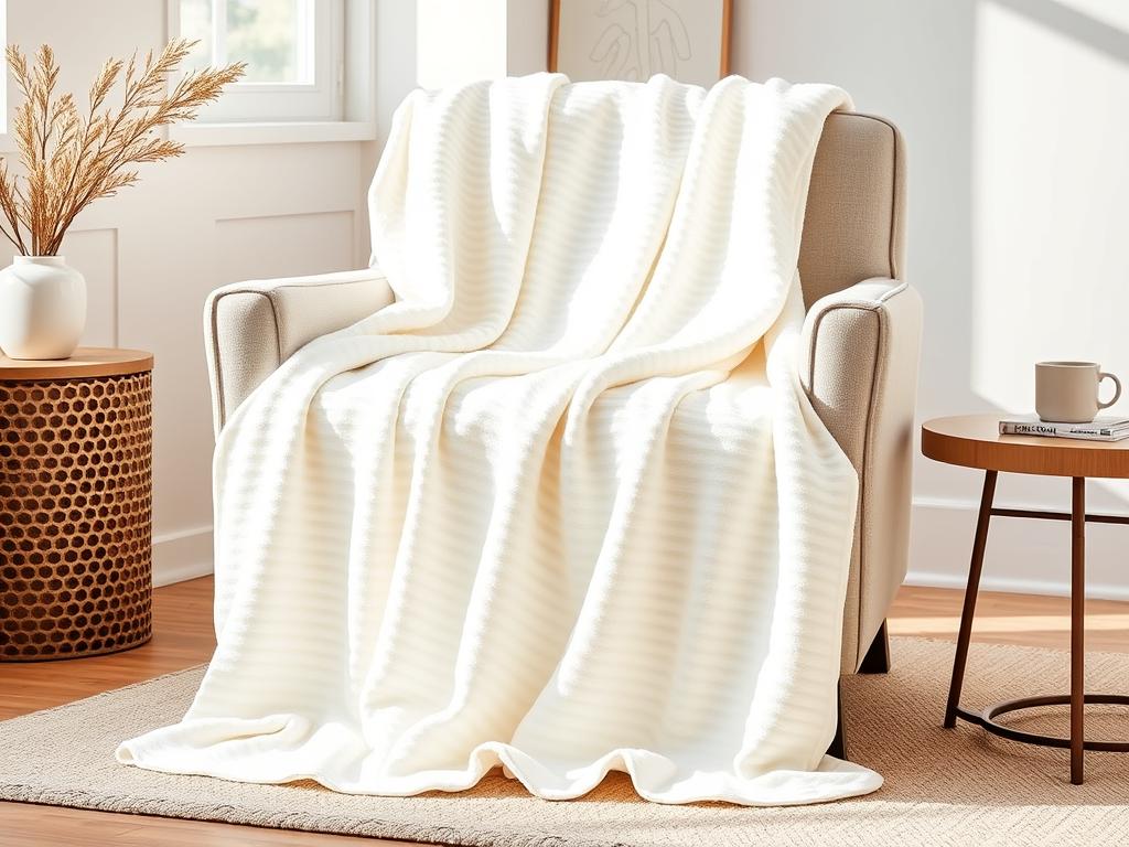 BEDELITE Fleece Throw Blanket in cremeweiß mit Streifenmuster auf einem Sessel