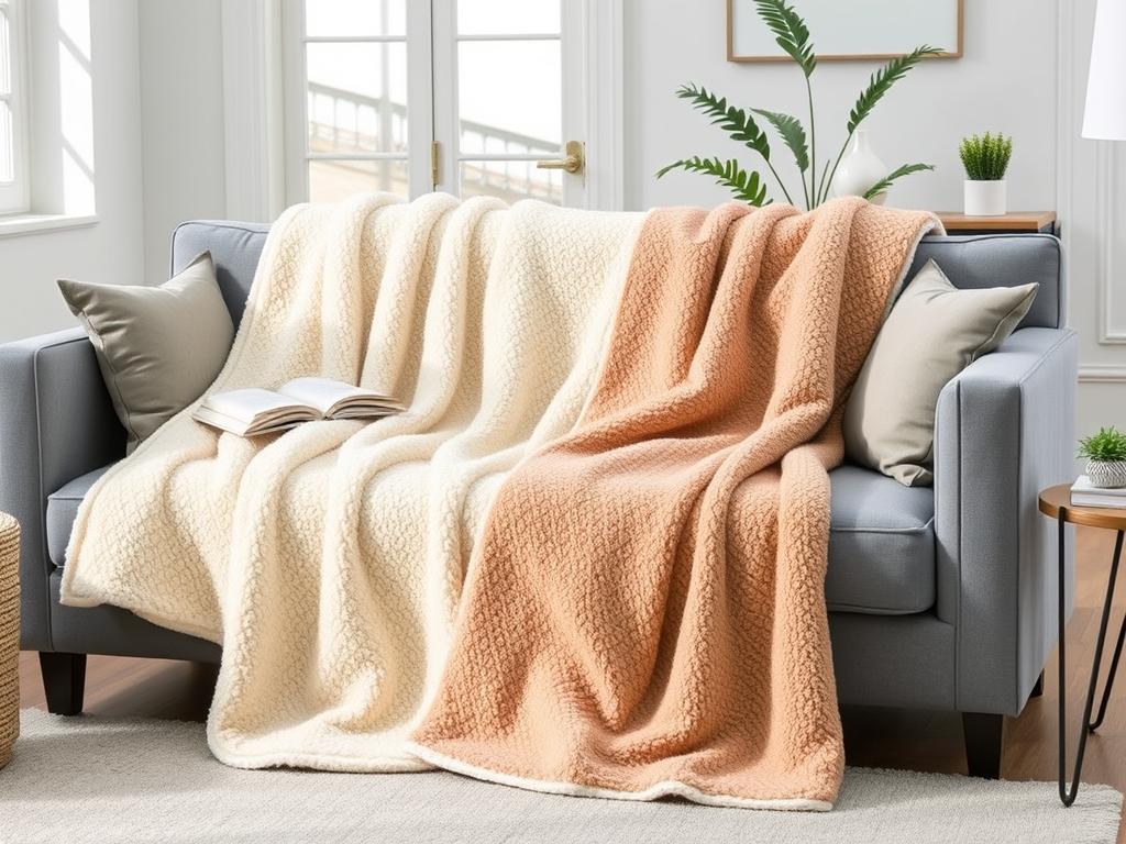 BEDSURE Sherpa Decke in neutraler Farbe auf einem Sofa drapiert