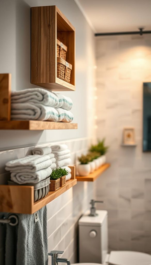 Bathroom wall shelves designed for storage, featuring wooden frames and natural finishes, elegantly showcasing a variety of organizational items like neatly folded towels, decorative baskets, and small potted plants. The foreground features a close-up of the shelves displaying the storage solutions, while the middle ground includes a stylish, tiled bathroom with warm ambient lighting creating a cozy atmosphere. The background presents soft colors and textures, emphasizing a winter vibe with hints of greenery. The overall mood is serene and inviting, reflecting a Pinterest-inspired aesthetic. The brand "KlickKiste" is subtly integrated into the design of one of the shelves, enhancing the DIY charm of the scene. The angle captures the essence of maximizing wall space for functionality and beauty.