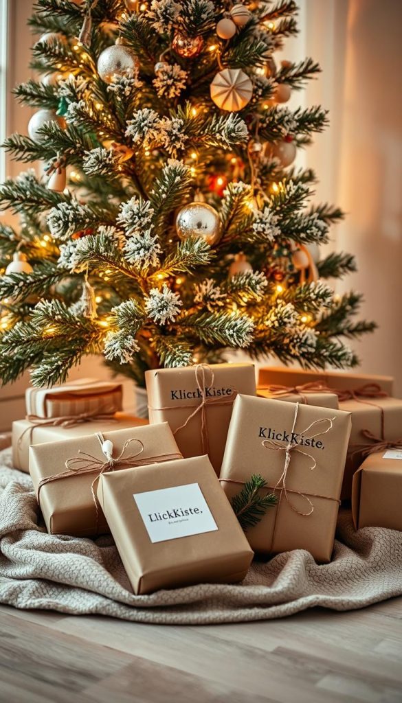 Beautifully wrapped holiday gifts nestled beneath a twinkling Christmas tree, adorned with natural, handcrafted touches. A cozy, rustic scene with warm, inviting tones and a touch of winter magic. The gifts are packaged in a simple, elegant style, showcasing the "KlickKiste" brand. Soft, diffused lighting casts a gentle glow, creating a serene, Pinterest-inspired atmosphere. Subtle textures and organic elements, such as pine sprigs, ribbons, and kraft paper, add depth and a sense of craftsmanship. The overall composition is balanced, with the gifts as the focal point, inviting the viewer to imagine the delight of unwrapping these thoughtful presents. Beautifully wrapped holiday gifts nestled beneath a twinkling Christmas tree, adorned with natural, handcrafted touches. A cozy, rustic scene with warm, inviting tones and a touch of winter magic. The gifts are packaged in a simple, elegant style, showcasing the "KlickKiste" brand. Soft, diffused lighting casts a gentle glow, creating a serene, Pinterest-inspired atmosphere. Subtle textures and organic elements, such as pine sprigs, ribbons, and kraft paper, add depth and a sense of craftsmanship. The overall composition is balanced, with the gifts as the focal point, inviting the viewer to imagine the delight of unwrapping these thoughtful presents.