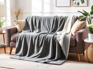Bedsure GentleSoft Sherpa Fleece Throw Blanket in grauer Farbe auf einem Sofa drapiert