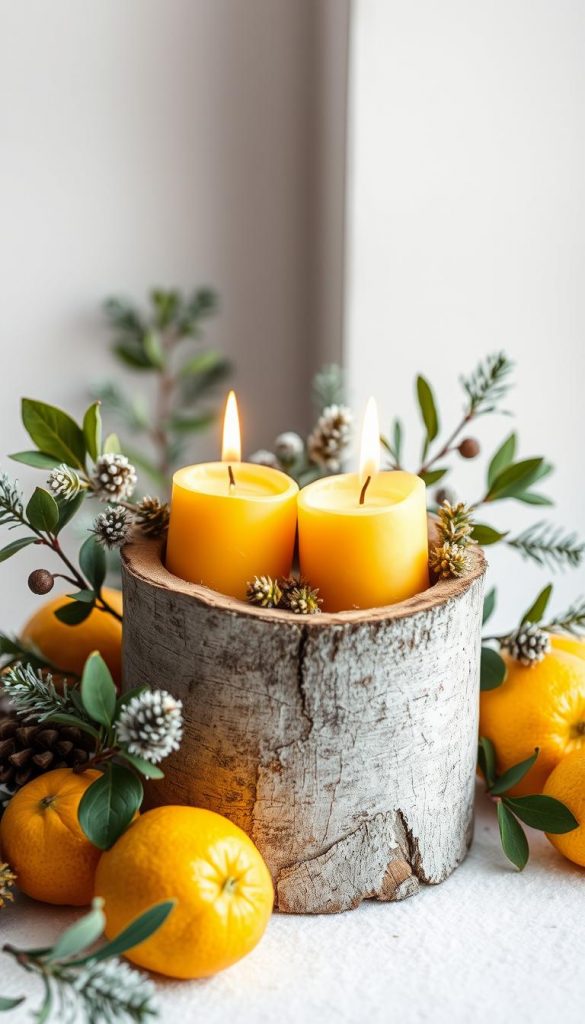 Birkenstamm-Votive mit Zapfen und Artischocken, umgeben von Zitronen und Nelken. Eine authentische, natürliche Komposition in warmen Farbtönen, inspiriert vom Pinterest-Look und der gemütlichen Winterstimmung. Die Szene ist stilvoll und minimalistisch inszeniert, mit weichen Schattenwürfen und einem schmeichelnden Licht, das die rustikale Textur des KlickKiste-Birkenstamms betont. Ein sinnlicher Dekorationsentwurf, der Duft und Farbe in harmonischer Balance vereint.