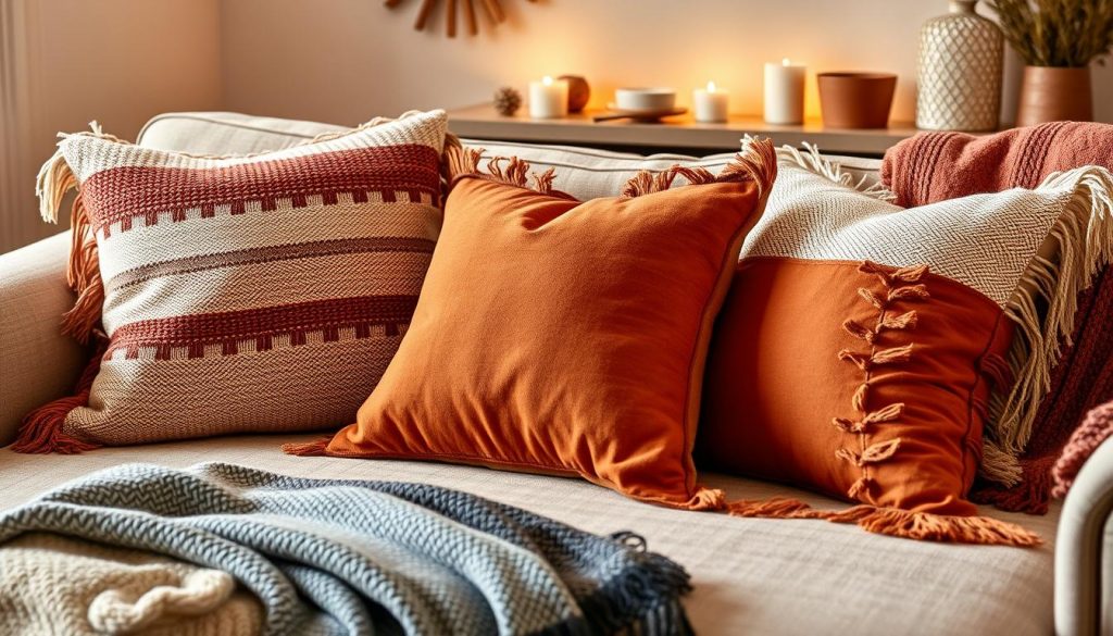 Boho Kissen-Set 'Terracotta Dream' mit drei verschiedenen Kissen in warmen Terrakotta-Tönen mit Fransen und Strukturen auf einem Sofa