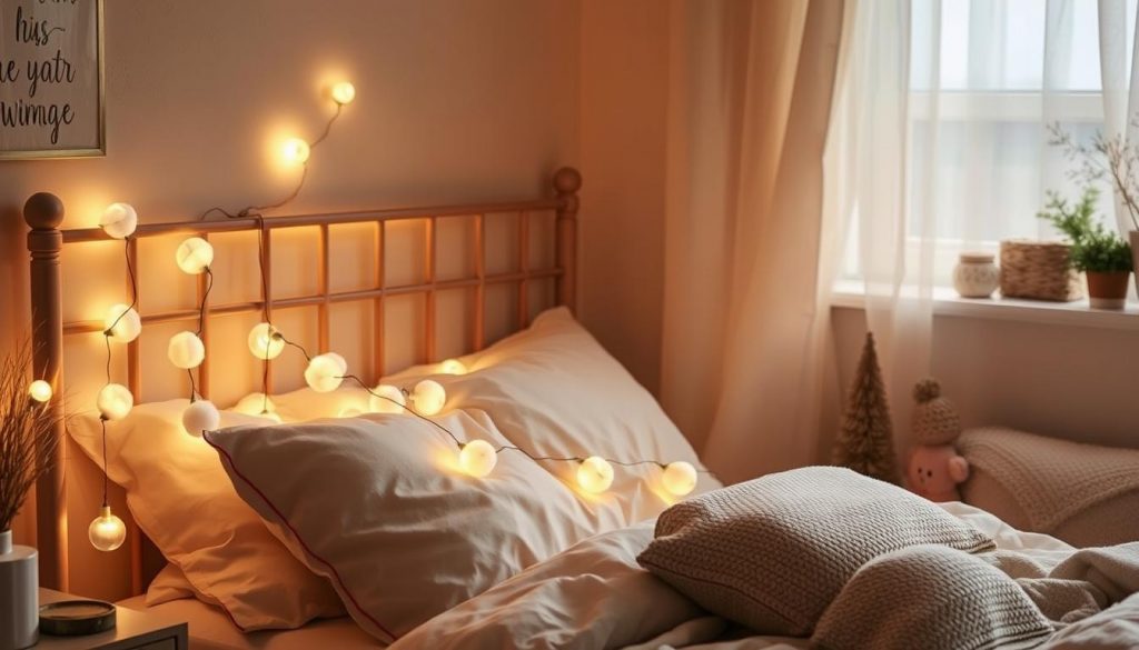 Boho Lichterkette 'Warm Glow' mit Baumwollkugeln, die ein warmes Licht in einem gemütlichen Boho Winter Deko Arrangement verbreitet