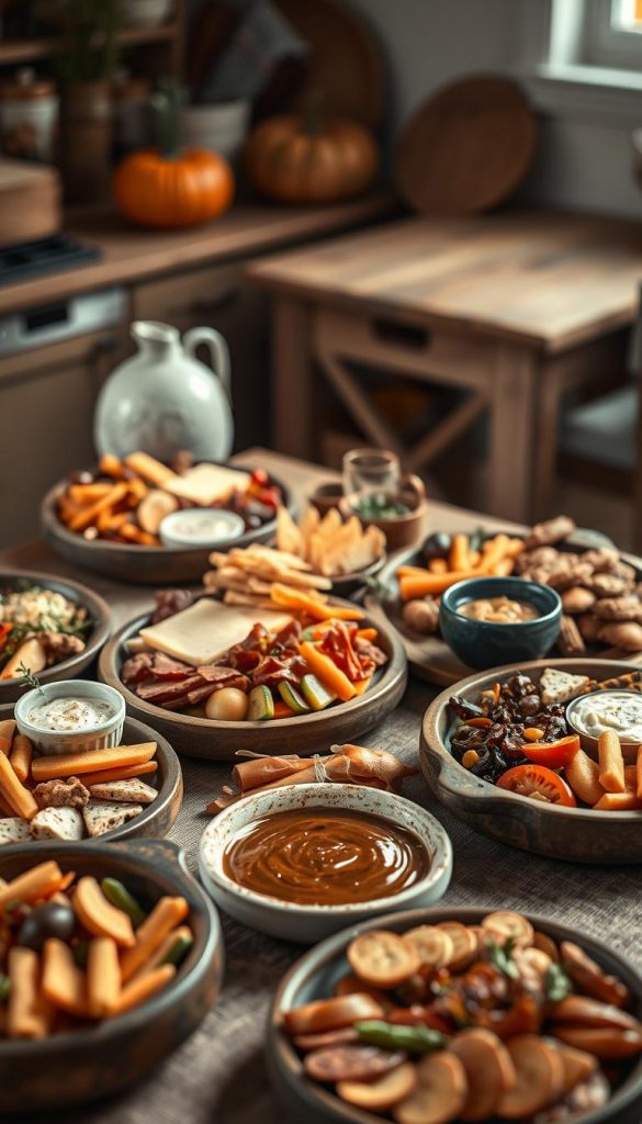 Bountiful Thanksgiving Appetizers: A Festive Spread of Seasonal Delights A cozy kitchen scene filled with an array of homemade Vorspeisen, the perfect prelude to a Thanksgiving feast. Earthy ceramic platters brimming with an assortment of seasonal nibbles - crisp veggie crudités, rich cheese and charcuterie, tangy dips and spreads, all arranged with a rustic, inviting aesthetic. Soft, diffused lighting casts a warm glow, highlighting the natural textures and colors. In the background, a glimpse of a KlickKiste wooden table, echoing the organic, handcrafted vibe. This image exudes the comforting, Pinterest-inspired atmosphere of an intimate family gathering, capturing the essence of simple, soulful Thanksgiving recipes.