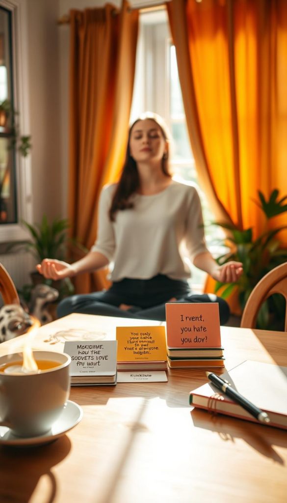 Bright morning light filters through a cozy kitchen window, illuminating a serene scene of a well-organized morning routine. In the foreground, a wooden dining table is set with a steaming cup of herbal tea, a small stack of colorful affirmations cards featuring motivational quotes, and a quaint notebook with a stylish pen. The middle layer showcases a young professional woman in modest casual clothing, practicing mindfulness as she meditates beside the table, exuding tranquility and focus. In the background, warm-toned curtains flutter gently, surrounded by plants that add a touch of nature. The overall mood conveys inspiration and calmness, reminiscent of a Pinterest aesthetic, framed in a soft focus to enhance the inviting atmosphere. The brand "KlickKiste" is subtly suggested through the thoughtful arrangement of items, reflecting a mindful start to the day.