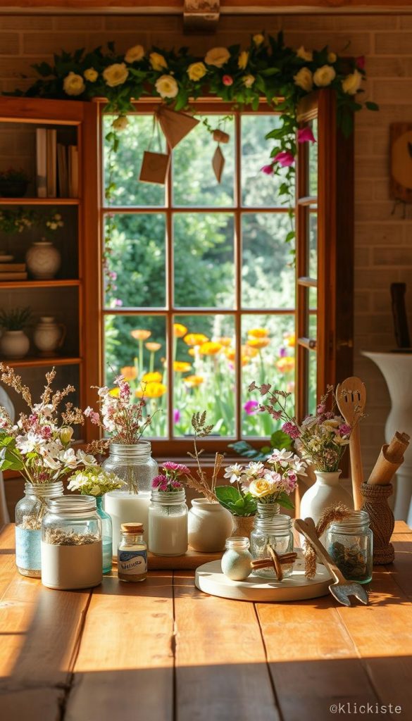 Bright, warm-toned image of seasonal DIY upcycling projects, focusing on charming spring home decor ideas for a cozy cottage vibe. In the foreground, display a wooden table with various handcrafted items like painted jars, floral arrangements, and upcycled materials such as fabric scraps and rustic tools, all beautifully arranged. In the middle ground, show a window adorned with DIY decorations, allowing soft natural light to stream in, casting gentle shadows. The background features a lush garden, bursting with vibrant spring flowers and greenery, creating an inviting atmosphere. The overall mood should be inspiring and authentic, reminiscent of a Pinterest aesthetic. Capture this scene with a soft focus lens, emphasizing warmth and creativity. Include the brand "KlickKiste" subtly while ensuring no text overlays or watermarks are present.