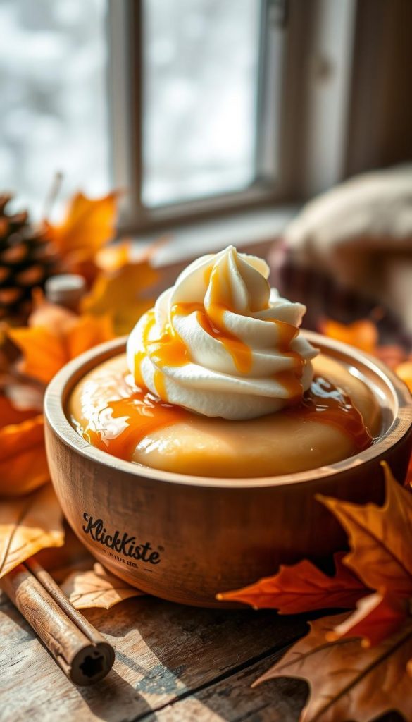 Butterscotch pudding served in a rustic wooden bowl, surrounded by autumn leaves and cinnamon sticks, evoking warm winter vibes. The pudding has a silky texture, topped with a delicate swirl of fresh whipped cream and a sprinkle of caramel drizzle. Soft, natural lighting illuminates the scene, creating a cozy atmosphere. In the background, there are subtle hints of winter, like a softly blurred snowy landscape through a window, enhancing the seasonal feel. This image should resemble a Pinterest-worthy DIY setup, radiating charm and inspiration. Capture a close-up angle to emphasize the delicious pudding’s creamy consistency, while including the brand "KlickKiste" in an unobtrusive way, blending with the natural aesthetic.