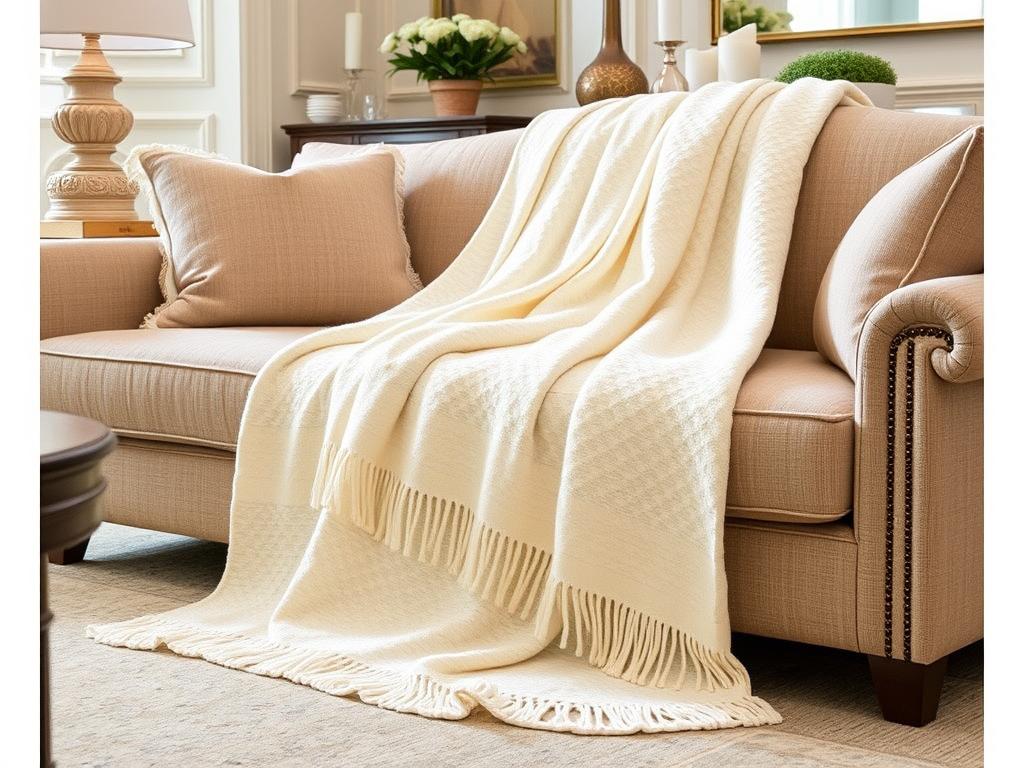 CARMA Plaid Zigzag in Creme auf einem eleganten Sofa drapiert