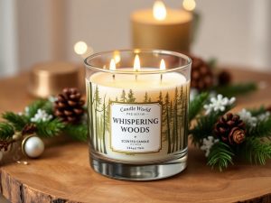 Candle World Whispering Woods Duftkerze mit drei Dochten in einem eleganten Glas mit Waldmotiv