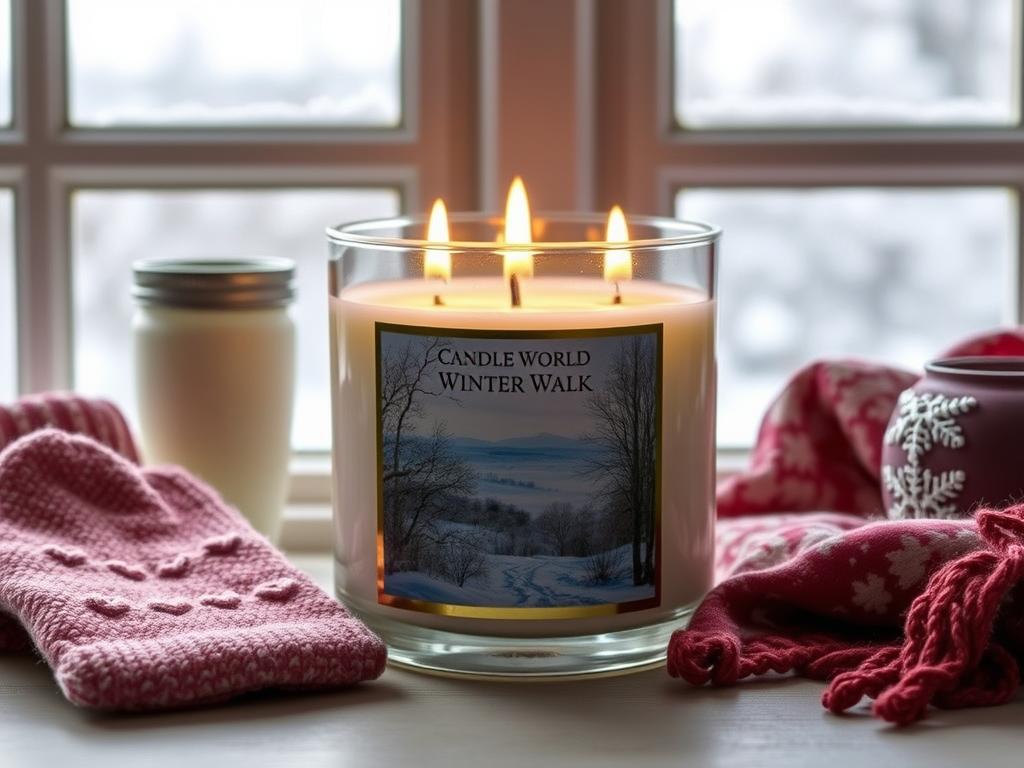 Candle World Winter Walk Duftkerze mit drei Dochten in einem eleganten Glas mit Winterlandschaft