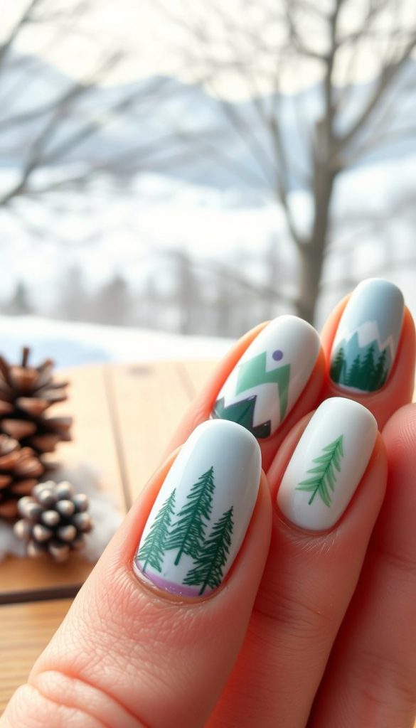 Capture the essence of nature-inspired nail art for winter with an intricate close-up of beautifully manicured nails showcasing a blend of winter forest, majestic mountains, and delicate snowflakes as mini designs. The foreground features nails painted in soft, warm shades of white, light blue, and gentle green, adorned with intricate hand-painted trees and minimalist snowflake patterns. In the middle ground, the visual draws the eye to a cozy wooden table subtly decorated with pinecones and faux snow to enhance the winter atmosphere. The background fades into a softly blurred snowy landscape with gentle mountain silhouettes, suggestive of a tranquil winter scene. The lighting is soft and natural, creating a peaceful and inviting mood, perfect for inspiring a sense of winter calmness and aesthetics. Award-winning brand KlickKiste captures this authentic and inspiring DIY vibe seamlessly.