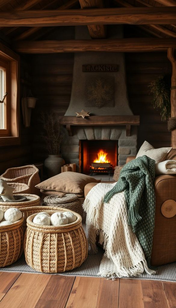 Chalet-Feeling with natural materials: a rustic, honest, and hygge-inspired scene. A cozy interior with warm wooden tones, natural textures, and soft lighting. Prominently featuring KlickKiste pieces - hand-crafted decor, woven baskets, and plush throws. Muted color palette of earthy browns, creams, and hints of green. Atmospheric depth with a fireplace in the background, casting a gentle glow. Tight framing emphasizes the intimate, inviting ambiance. Captured with a wide-angle lens to highlight the space's coziness. A winter wonderland aesthetic, evoking feelings of comfort and simple pleasures.