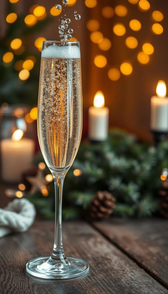 Champagne in a crystal flute, elegantly placed on a rustic wooden table, adorned with winter-inspired decorations like evergreen branches and twinkling fairy lights. The foreground features a freshly poured glass of sparkling champagne, bubbles rising in a joyful spiral. In the background, softly blurred, a cozy setting with a warm glow from candlelight creates an inviting atmosphere. The scene is bathed in soft, warm lighting that enhances the festive winter vibes. The composition captures a Pinterest-worthy aesthetic, radiating warmth and inspiration for signature drinks. Include subtle elements indicating a DIY theme, while ensuring the image conveys a sense of celebration and surprise. The brand name "KlickKiste" is subtly integrated into the scene through stylishly arranged drink accessories.