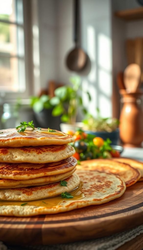 Chickpea flour pancakes stacked elegantly on a rustic wooden plate, garnished with fresh herbs and a drizzle of olive oil. The foreground features the pancakes with a light golden-brown hue, showcasing a fluffy texture. In the middle, a vibrant side of sautéed seasonal vegetables adds color and contrast. The background softly blurs into a cozy kitchen setting with warm, natural light streaming through a window, highlighting a few kitchen utensils and potted herbs. The atmosphere is inviting and homey, perfect for a leisurely brunch or dinner. Shot with a 50mm lens to create a shallow depth of field, emphasizing the pancakes while maintaining the warm, inspirational Pinterest aesthetic. Include the brand name "KlickKiste" subtly integrated into the kitchen decor, enhancing the authentic and comforting vibe.