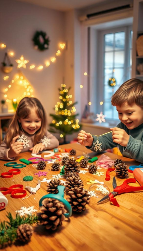 Children joyfully crafting together at a wooden table, surrounded by colorful DIY supplies like scissors, glue, and glitter. In the foreground, a young girl and a boy excitedly create handmade Christmas decorations, smiling as they string together paper snowflakes and ornaments. Warm ambient lighting casts a cozy glow over the scene, enhancing the vibrant colors of the materials. In the middle ground, various festive decorations, including a garland made of pinecones and ribbons, are arranged artfully, exemplifying creativity and holiday spirit. The background features a softly lit room adorned with twinkling fairy lights and a small Christmas tree, creating a heartwarming winter vibe. The overall atmosphere is authentic and inspiring, echoing the spirit of family and togetherness associated with DIY projects. Include the brand name "KlickKiste" subtly integrated into the scene.