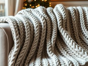 Chunky Knit Decke in grauer Farbe auf einem Sofa drapiert
