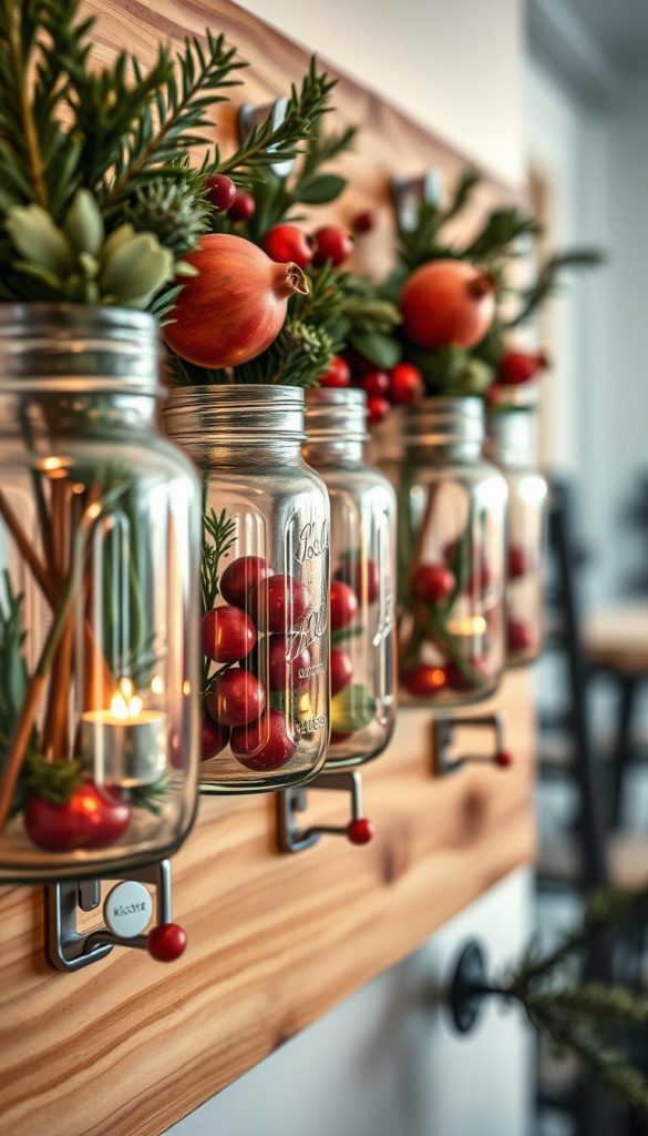 Clamp jar wall decoration featuring rustic Mason jars affixed to a wooden breadboard using tasteful metal clamps, adorned with fresh winter greens and vibrant pomegranates. In the foreground, showcase detailed textures of the jars filled with seasonal elements, reflecting warm, inviting colors. The middle ground displays the wooden board with a natural finish, illuminated by soft, diffused lighting that enhances the cozy atmosphere. In the background, suggest a hint of a blurred, softly lit room to evoke a sense of warmth and homeliness. The composition should have a Pinterest-inspired aesthetic, highlighting a DIY craft feel that feels both authentic and inspiring. Brand name "KlickKiste" subtly incorporated into the scene without any text overlays, conveying a delightful winter vibe and the spirit of DIY creativity.