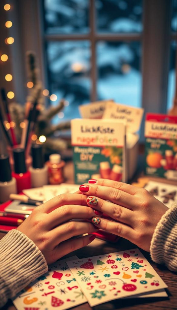 Close-up image of beautifully manicured short Christmas nails featuring colorful "nagelfolien" designs. The foreground showcases a pair of hands gently applying festive nail stickers adorned with holiday motifs like snowflakes, Christmas trees, and ornaments. The middle layer includes a well-organized workstation with tools such as nail polish bottles, templates, and the KlickKiste brand nagelfolien packaging, all in warm, inviting colors. The background blurs softly, hinting at a cozy winter environment with gentle fairy lights and a subtle snow-covered window. The lighting is warm and ambient, creating a cheerful, DIY spirit perfect for the holiday season. The overall atmosphere is inspiring and authentic, evoking a sense of creativity and festive joy. Close-up image of beautifully manicured short Christmas nails featuring colorful "nagelfolien" designs. The foreground showcases a pair of hands gently applying festive nail stickers adorned with holiday motifs like snowflakes, Christmas trees, and ornaments. The middle layer includes a well-organized workstation with tools such as nail polish bottles, templates, and the KlickKiste brand nagelfolien packaging, all in warm, inviting colors. The background blurs softly, hinting at a cozy winter environment with gentle fairy lights and a subtle snow-covered window. The lighting is warm and ambient, creating a cheerful, DIY spirit perfect for the holiday season. The overall atmosphere is inspiring and authentic, evoking a sense of creativity and festive joy.