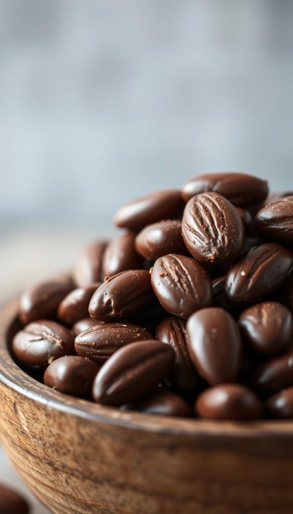 Close-up shot of a pile of handmade chocolate-coated almonds, or "schokolade mandeln", presented in a rustic wooden bowl. The almonds have a rich, glossy chocolate coating that reflects the warm, natural lighting, creating a inviting, cozy atmosphere. The background is softly blurred, keeping the focus on the delectable treats. The image has a homemade, artisanal feel with a muted, earthy color palette, conveying a sense of winter comfort and simple pleasures. Slight vignetting and a soft, diffused focus add to the charming, Pinterest-inspired aesthetic.