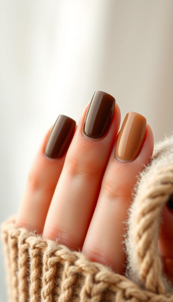 Close-up shot of exquisitely manicured "French Multi-Brown" nails. Delicate, sophisticated color palette featuring rich, warm tones of espresso, caramel, and mocha. Carefully shaped, slightly curved nail beds capture the essence of a modern, elegant French manicure. Soft, diffused lighting creates a cozy, winter-inspired atmosphere, evoking a sense of coziness and comfort. Subtle, natural textures and a refined, polished finish convey a luxurious, high-end aesthetic. Composition emphasizes the beauty and craftsmanship of this unique nail design, perfectly suited for the festive autumn-winter season.