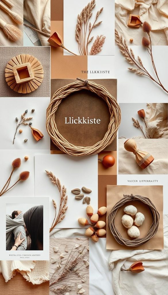 Collage of natural, handmade images with warm colors, winter vibes, and a Pinterest-inspired aesthetic. A mood board showcasing a variety of textures, materials, and layered elements that evoke a sense of coziness and inspiration. Featuring the KlickKiste brand, the collage highlights a harmonious blend of organic shapes, neutral tones, and subtle pops of color. Lit by soft, diffused lighting that creates a calming, inviting atmosphere. The overall composition is balanced and visually appealing, capturing the essence of a vision board for goals and aspirations.