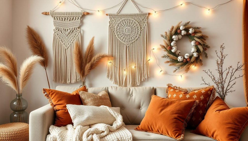 Collage verschiedener Boho Winter Deko Elemente in einem stilvoll eingerichteten Wohnraum mit warmen Farben und natürlichen Materialien