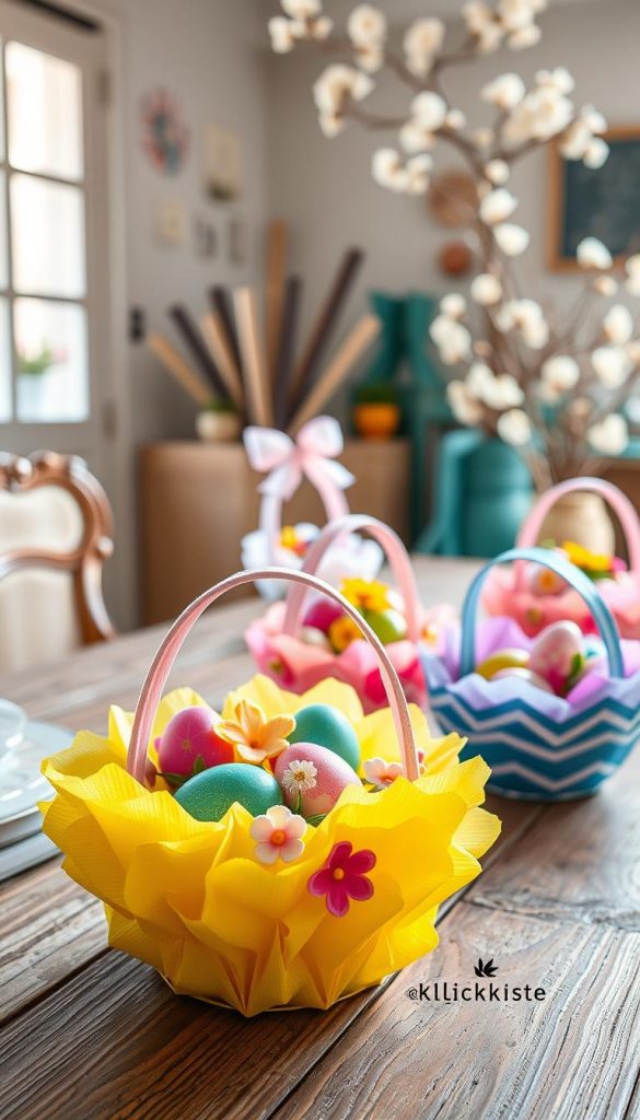 Colorful Easter baskets made from crepe paper, filled with vibrant decorative eggs and tiny flowers, arranged artistically on a rustic wooden table. In the foreground, a close-up of a beautifully crafted basket, showcasing intricate details of the crepe paper and delicate embellishments. The middle ground features several more baskets in various shapes and sizes, exuding creativity and charm, with soft, pastel colors harmonizing together. A light, airy atmosphere with warm, natural lighting streaming in from a nearby window, creating a cozy ambiance. In the background, hints of spring-themed decorations, like flowering branches, add a delightful touch. The overall mood is joyful and inviting, ideal for a DIY project. Brand name 'KlickKiste' subtly incorporated in the design.
