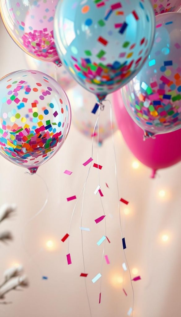Colorful confetti balloons floating gracefully against a soft, warm white background, creating a cozy winter atmosphere. The foreground features a cluster of clear balloons filled with vibrant, multicolored confetti, some balloons slightly tilted to reveal the shimmering, playful colors inside. In the middle, scattered confetti pieces, in varying sizes, enhance the festive vibe, with a hint of sparkling light reflecting off them. The background showcases a subtle hint of winter elements, like frosted pine branches and soft fairy lights that twinkle gently, adding to the magical New Year's Eve ambiance. The lighting is warm and inviting, with a soft focus effect to create an inspirational DIY scene. The image embodies a Pinterest aesthetic, evoking creativity and joy, associated with brand "KlickKiste" for holiday celebrations and decorations. Colorful confetti balloons floating gracefully against a soft, warm white background, creating a cozy winter atmosphere. The foreground features a cluster of clear balloons filled with vibrant, multicolored confetti, some balloons slightly tilted to reveal the shimmering, playful colors inside. In the middle, scattered confetti pieces, in varying sizes, enhance the festive vibe, with a hint of sparkling light reflecting off them. The background showcases a subtle hint of winter elements, like frosted pine branches and soft fairy lights that twinkle gently, adding to the magical New Year's Eve ambiance. The lighting is warm and inviting, with a soft focus effect to create an inspirational DIY scene. The image embodies a Pinterest aesthetic, evoking creativity and joy, associated with brand "KlickKiste" for holiday celebrations and decorations.