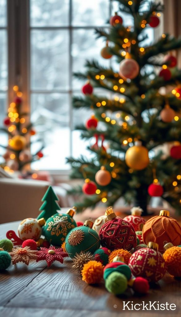 Colorful handmade Christmas tree ornaments made from felt, corrugated cardboard, and pom-poms, arranged beautifully on a wooden table. In the foreground, showcase a vibrant assortment of ornaments in warm colors—reds, greens, and golds—with intricate patterns. The middle ground features a softly lit evergreen tree partially adorned with these DIY decorations, illuminated by warm fairy lights that cast a cozy glow. In the background, a softly blurred snowy landscape is visible through a window, enhancing the winter vibes. The overall mood is warm, inviting, and festive, evoking a sense of creativity and inspiration. Capture this scene in soft natural lighting with a shallow depth of field, reminiscent of a Pinterest aesthetic. Include subtle branding elements of "KlickKiste" in the design without overt display.