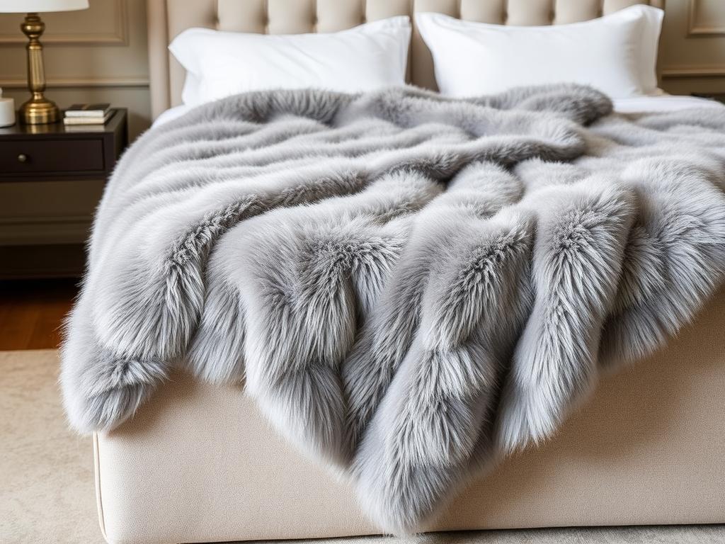 Cozy Bliss Kunstfelldecke in Grau auf einem Bett drapiert